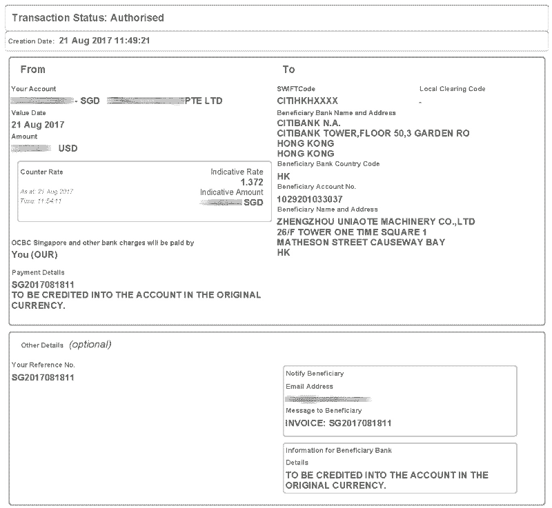 Bank Receipt of Small Dose Semi Automatic Powder Filler Machine to Singapore