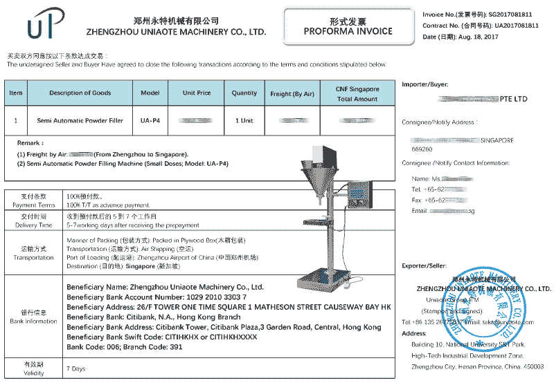Invoice of Small Dose Semi Automatic Powder Filler Machine to Singapore