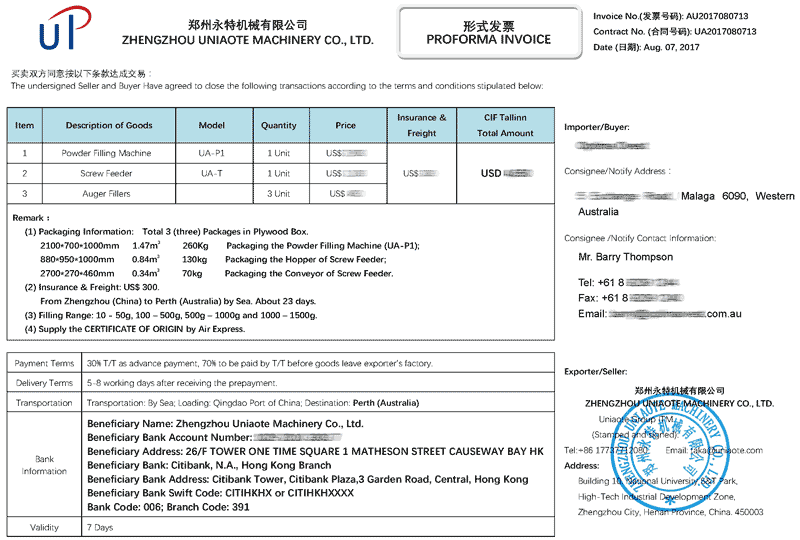 The Proforma Invoice of Manual Dry Powder Filling Machine